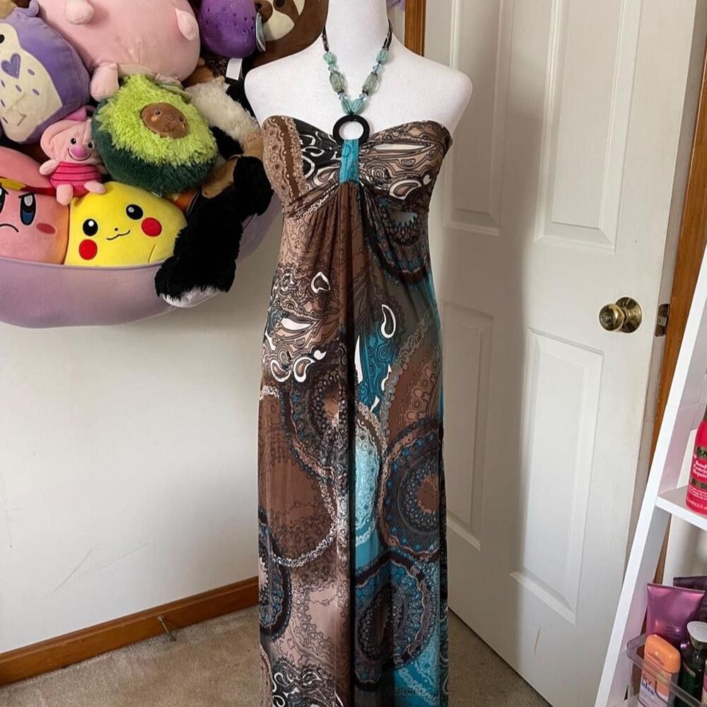 DEADSTOCK Y2K KISSES & HUGS PAISLEY HALTER MAXI DRESS